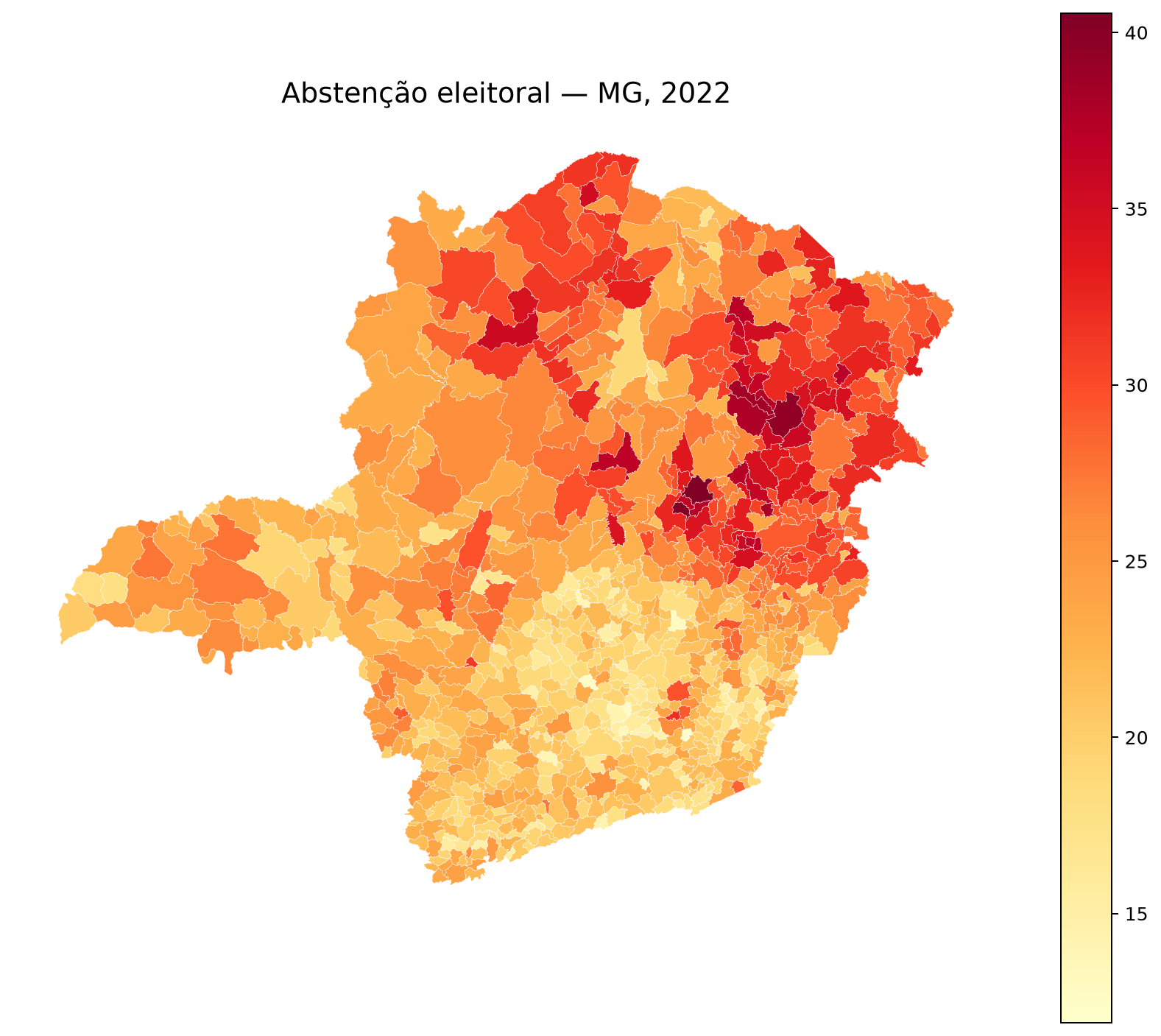Mapa municipal da taxa de abstenção eleitoral em Minas Gerais no primeiro turno de 2022.