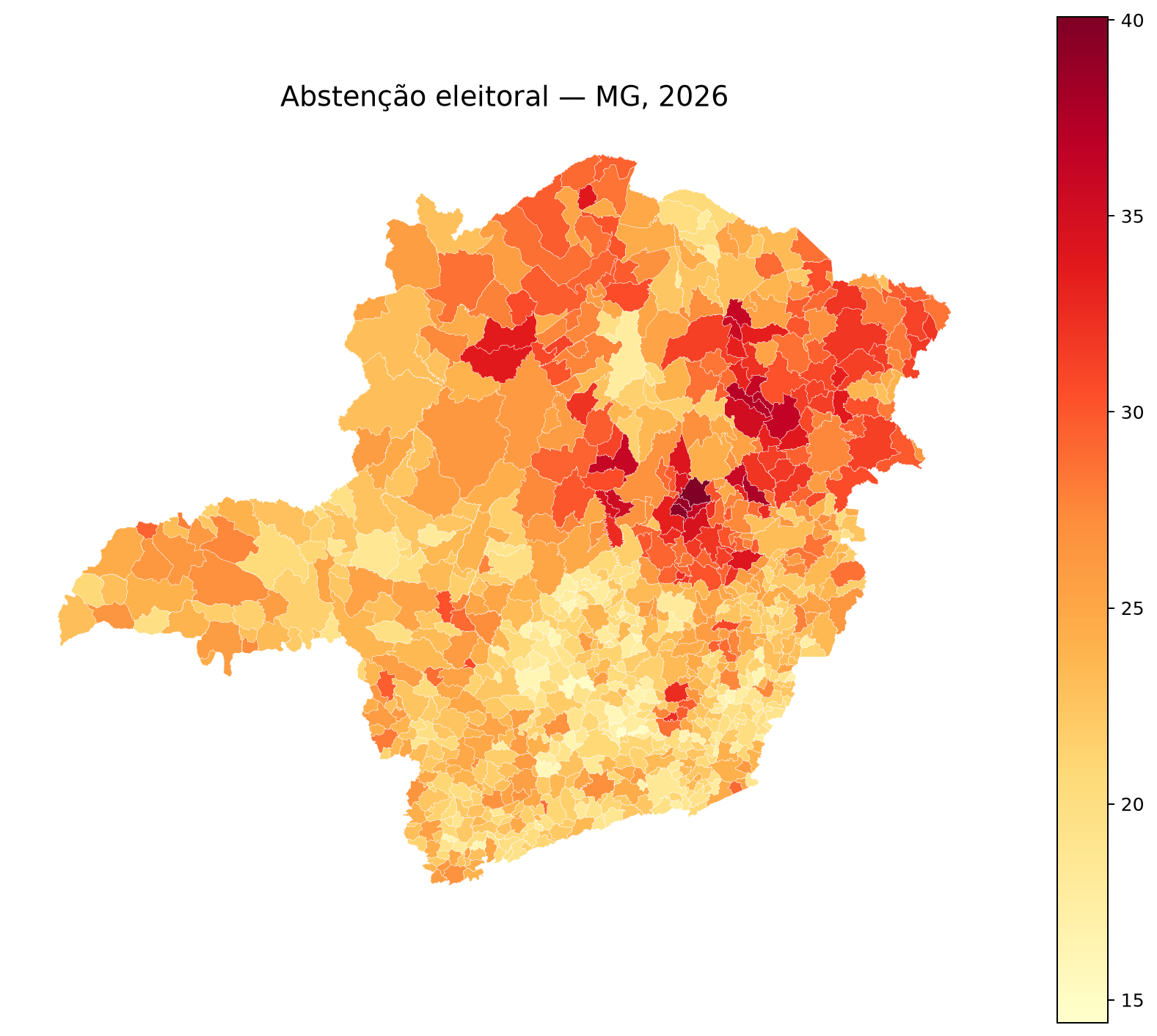 Mapa municipal da taxa de abstenção eleitoral em Minas Gerais no primeiro turno de 2026.