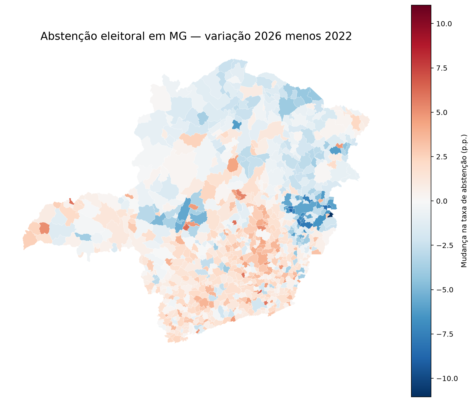 Mapa de Minas Gerais com a variação da taxa municipal de abstenção entre o primeiro turno de 2022 e o de 2026.