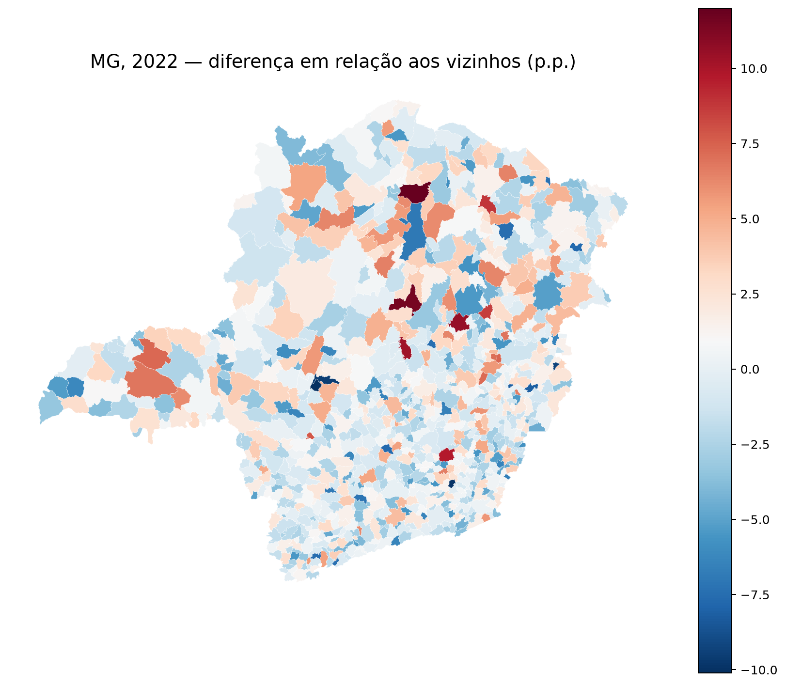 Mapa exploratório do desvio de abstenção municipal em relação a municípios vizinhos em 2022.