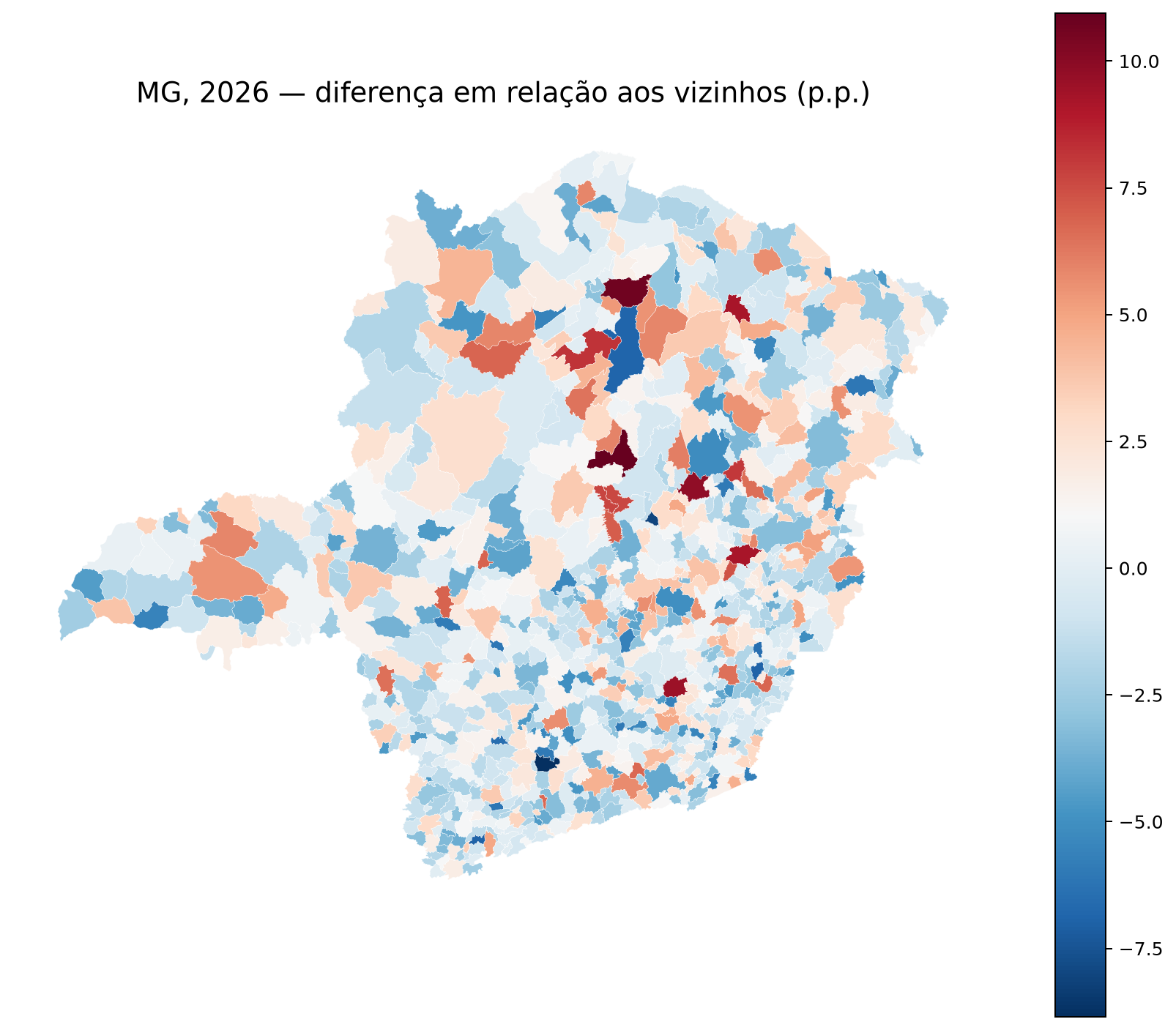 Mapa exploratório do desvio de abstenção municipal em relação a municípios vizinhos em 2026.